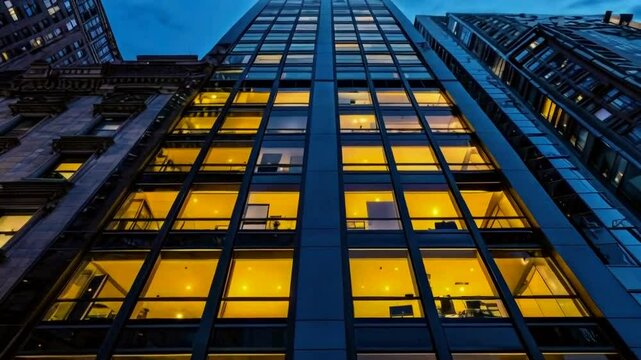 Une sc&egrave;ne de nuit des immeubles de bureaux modernes &agrave; New York, Etats-Unis, liste par l'&eacute;clairage jaune