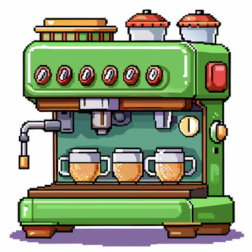 Retro Pixel Art Coffee Machine with Cups and Steam