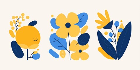 Three simple flat design shapes featuring a yellow flower and a blue leaf on a clean white background
