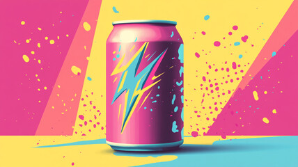 Fototapeta premium A vibrant pink beverage can with striking graphics positioned against a colorful background of yellow and pink splatters