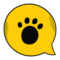 Fototapeta premium Hand drawn cartoon dog paw print in yellow speech bubble on white background.