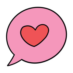 Hand drawn cartoon red heart in pink speech bubble on white background. Love, february 14, romance, chat.