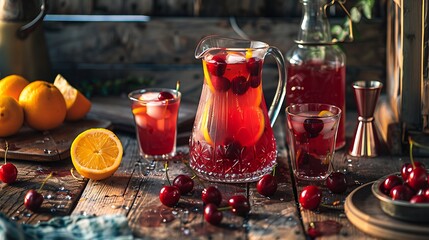 On an aged hardwood tabletop there is a pitcher of cherry cocktail with citrus and cups