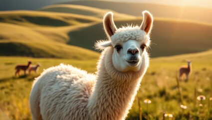 Obraz premium Alpaca in a Field at Sunset