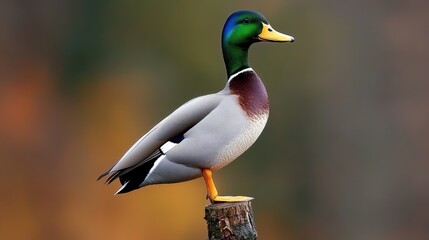 Obraz premium Mallard Duck Standing on a Log in a Natural Setting