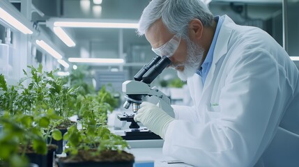 A Senior Scientist Examining Plant Samples Under a Microscope in a Laboratory