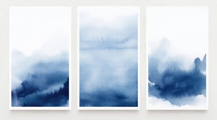 Three vertical blue watercolor wash paintings on a white background, featuring different shades of navy blue and soft cream colors.