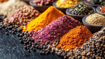 Colorful spices arranged in piles and bowls for culinary use.