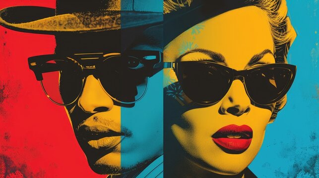 A stylish man and woman in sunglasses, with a bold color palette, creating a dynamic and modern feel.