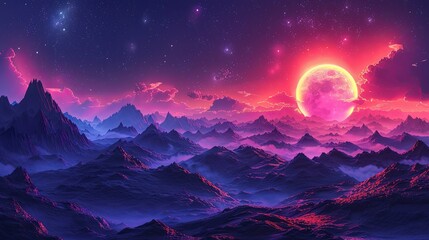 Colorful Retro Sci Fi illustration with space landscape, alien planets and extraterrestrial surfaces, coloring page and cartoon game concept background