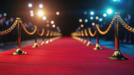 luxurious red carpet event scene gold chain barriers spotlights sense of exclusivity and glamour paparazzi flashes