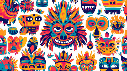 Obraz premium Vibrant and colorful pattern featuring traditional mexican folk art elements, such as tiki masks. Folk Art. Illustration