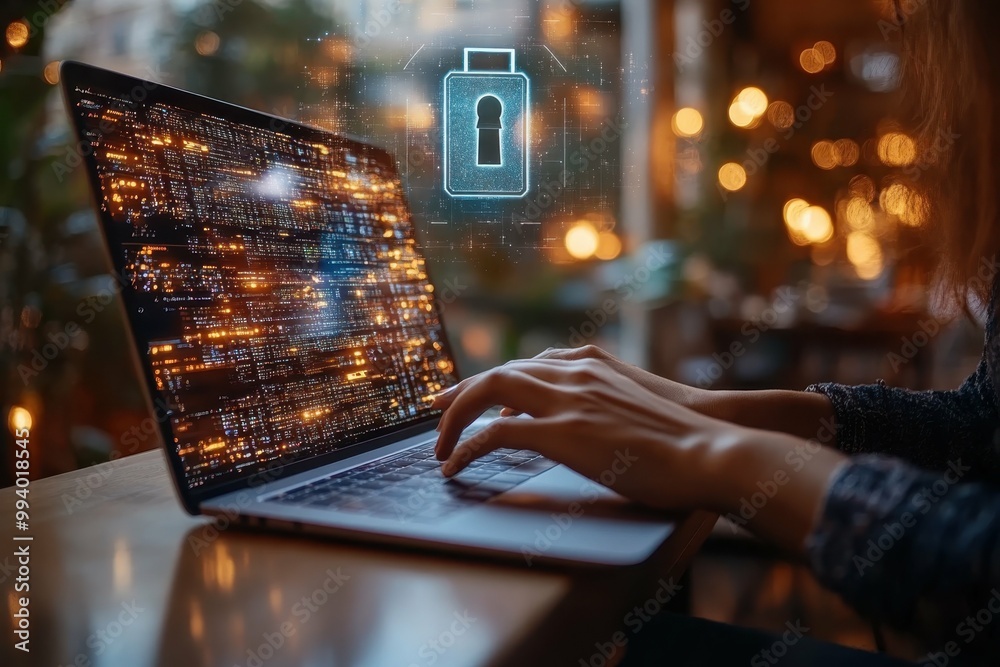 Wall mural a person using a laptop with a holographic lock hovering above indicating secure data management