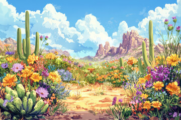 A vibrant desert landscape filled with colorful wildflowers and cacti under bright blue sky. scene captures beauty of nature, showcasing rich variety of flora in serene environment