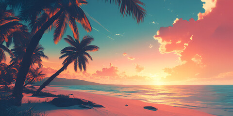 Tropical Beach Sunset with Palm Trees