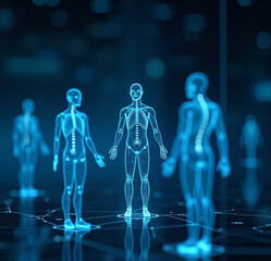 Digital human figures in a futuristic interface symbolize personalized medicine and precise diagnostics