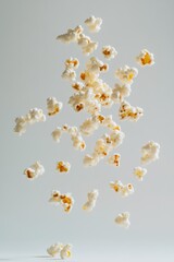 Popcorn kernels floating in the air against a white background.