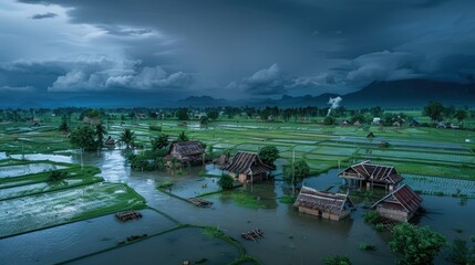 Naklejka premium Flood Aftermath: Aerial View of Rural Village Submerged