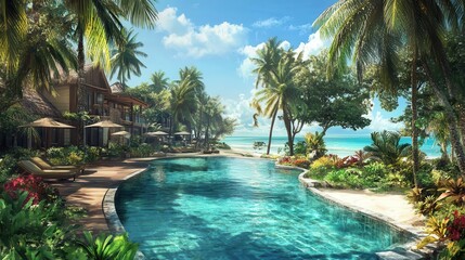 luxurious tropical beachfront resort inviting swimming pool lush landscaping travel destination digital illustration