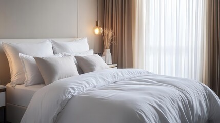 luxurious white kingsize bed crisp linens and plush pillows artfully arranged soft ambient lighting creating inviting atmosphere minimalist chic bedroom decor