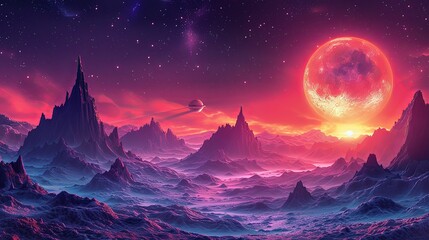 Colorful Retro Sci Fi illustration with space landscape, alien planets and extraterrestrial surfaces, coloring page and cartoon game concept background