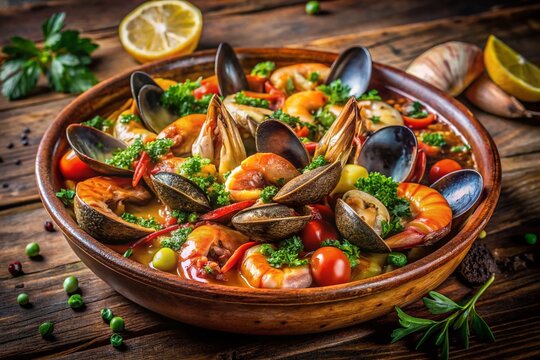 Delicious mariscada seafood dish served in a rustic bowl with a variety of fresh shellfish and herbs