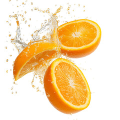 Juicy orange slices with water droplets and splashes, frozen mid-air against a transparent backdrop.