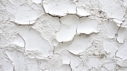 Obraz premium Close-up of a cracked white plaster wall, showing texture and imperfections, perfect for backgrounds or architectural concepts.