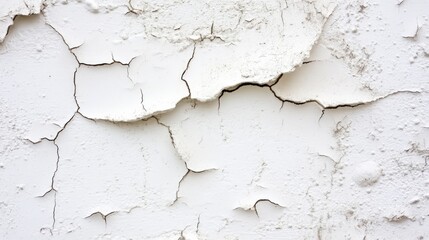 Obraz premium Close-up of a cracked white plaster wall, showing texture and imperfections, perfect for backgrounds or architectural concepts.