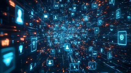 Obraz premium Dynamic digital network with glowing icons and data streams in blue and orange hues.