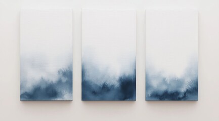  Three vertical canvas paintings featuring blue watercolor on a white background.
