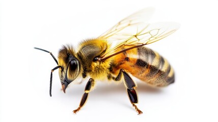 macro shot of honey bee in sharp focus intricate details of wings and body visible against pure white background golden hues highlighting delicate structures