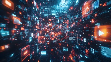 Futuristic digital landscape with vibrant data streams in red and blue hues.