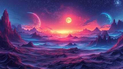Colorful Retro Sci Fi illustration with space landscape, alien planets and extraterrestrial surfaces, coloring page and cartoon game concept background