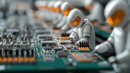 Automated assembly line with robots soldering circuit boards, flawless electronics integration