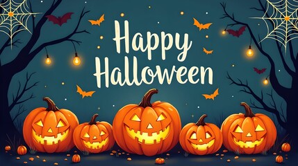 Illustrated Halloween greeting with pumpkins, bats and spider webs. Perfect for holiday cards, holiday banners and social media posts.
