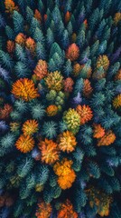 A vibrant aerial view of an autumn forest, with trees displaying hues from deep greens to bright yellows and oranges