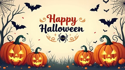 Illustrated Halloween greeting with pumpkins, bats and spider webs. Perfect for holiday cards, holiday banners and social media posts.