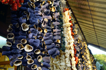 Bundles of dried eggplant, zucchini and red peppers at a Turkish bazaar. Dehydrated vegetables for traditional cuisine on sale at a market in Gaziantep's Old Town.