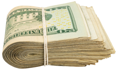Stack of twenty American bills. Cash wad roll. Money rolled in half with rubber band. Green USA bank notes. USD banking saving 20$ bills. Paper money note. Business success. Rich. Isolated background