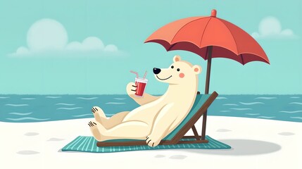 A polar bear relaxes under an umbrella with a drink on a snowy beach. Illustrates contrast, relaxation and humor in a unique and quirky setting.