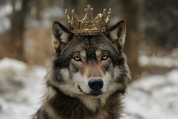 Fototapeta premium Wolf Wearing A Crown, Animal Portrait Photography, Wolf Close-up, Wolf Animal Photo, High Quality Animal Image