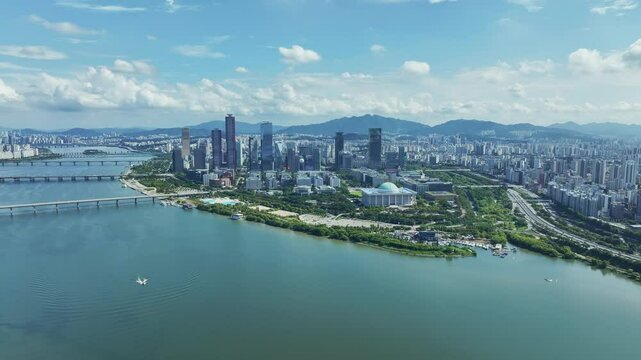 Drone View of Seoul city in South Korea, Hapjeong Station, Hot place, Summer, 60fps