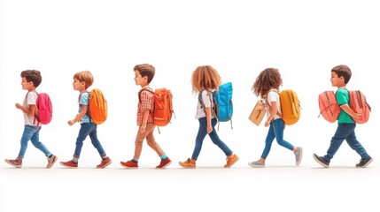 Obraz premium A vibrant group of children walking confidently to school, each carrying colorful backpacks under the bright, inviting morning sun