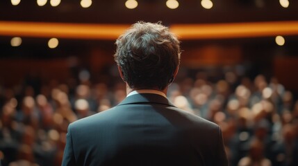 An inspiring speaker captivates the audience at an evening conference in a grand auditorium filled with eager listeners