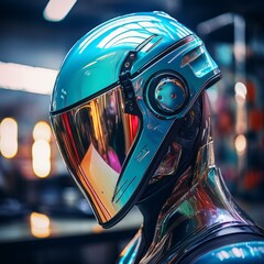 Fototapeta premium The iridescent helmet of a futuristic android gleams under workshop lights, its flawless surface reflecting vibrant hues. A sleek vision of tomorrow, captured in stunning detail.