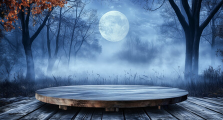 A wooden round table sits in the center of an autumn forest, bathed in the eerie glow of a full moon and shrouded in mist, creating a perfect Halloween backdrop for product presentation.