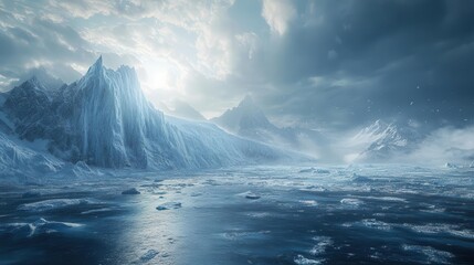 majestic arctic landscape featuring towering glaciers vast frozen sea and swirling blizzard rendered in hyperrealistic detail with dramatic lighting