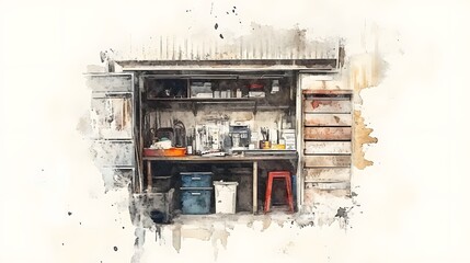 Watercolor Artistic using soft, brushy watercolor strokes, Single object picture Garage â€“ a set of storage units keeping items tidy and accessible