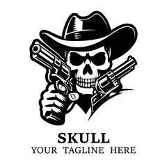 Skull aiming with two revolvers on white background